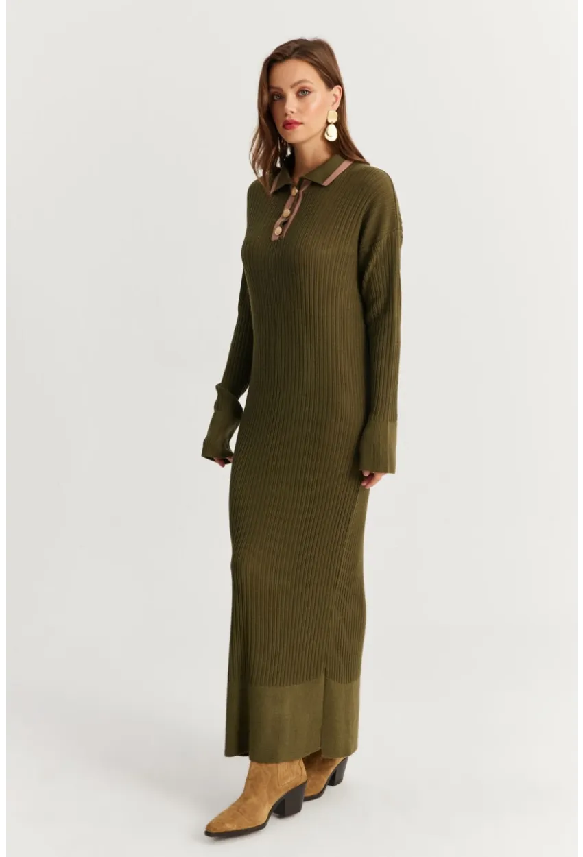 Kadın Haki Polo Yaka Triko Maxi Elbise MNUV17