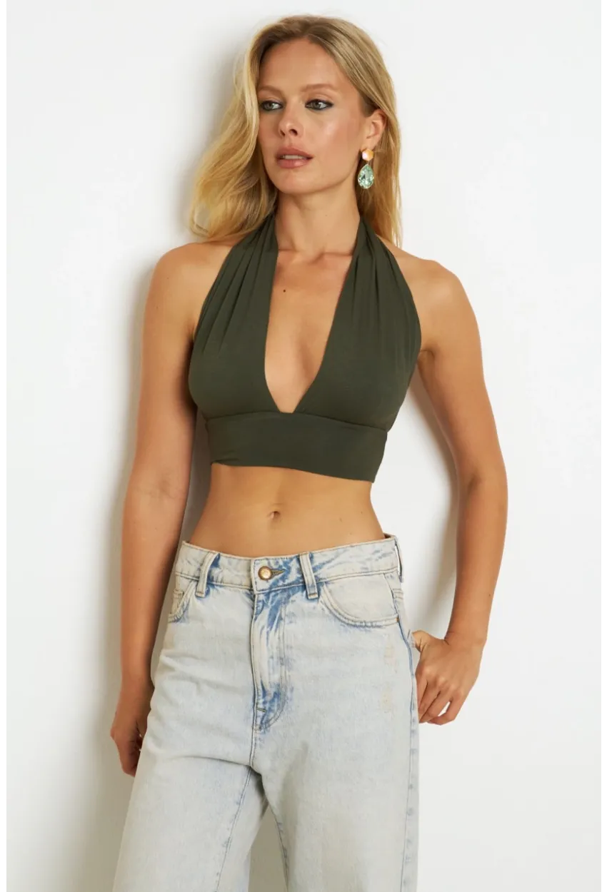 Kadın Haki Sırt Ve Boyun Bağlamalı Bluz EY1472