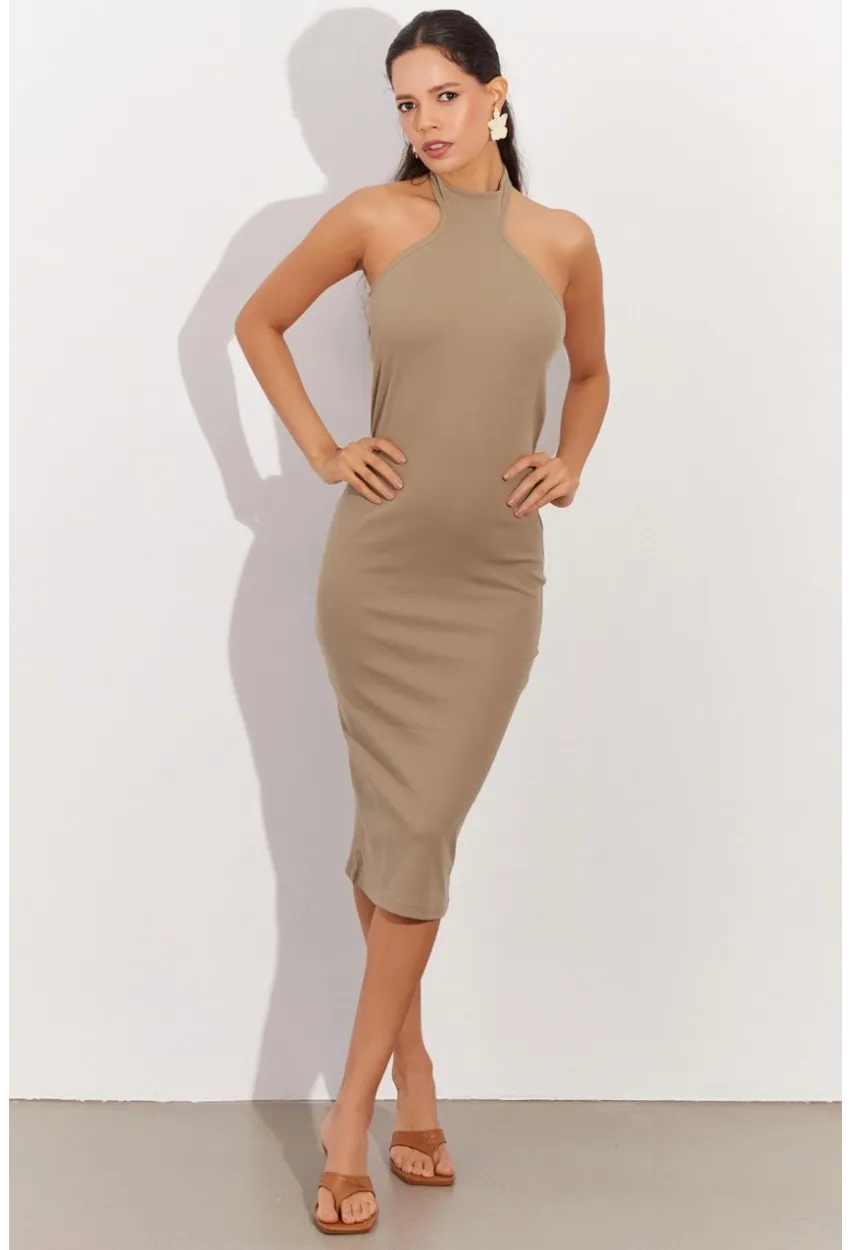 Kadın Haki Sırtı Açık Halter Midi Elbise OW138