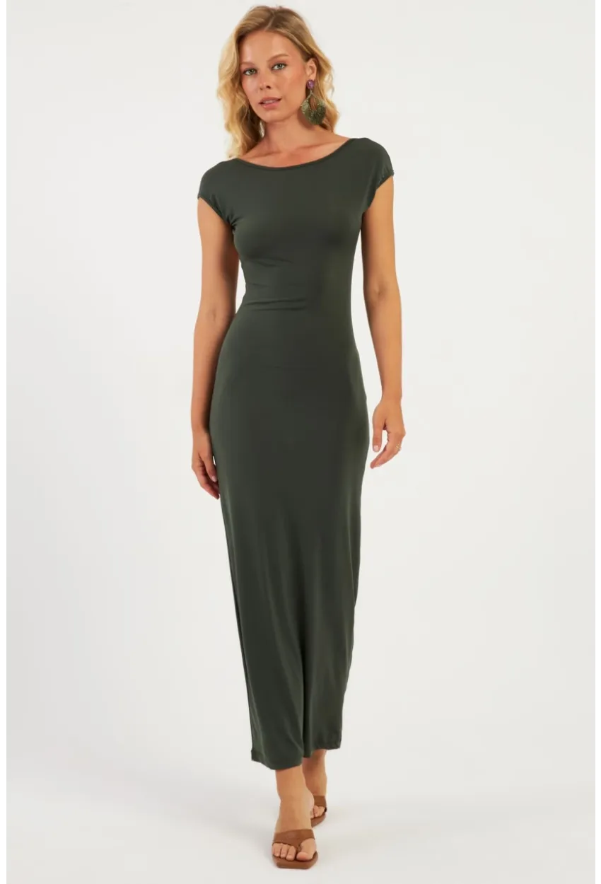 Kadın Haki Sırtı Açık Midi Elbise DMR345