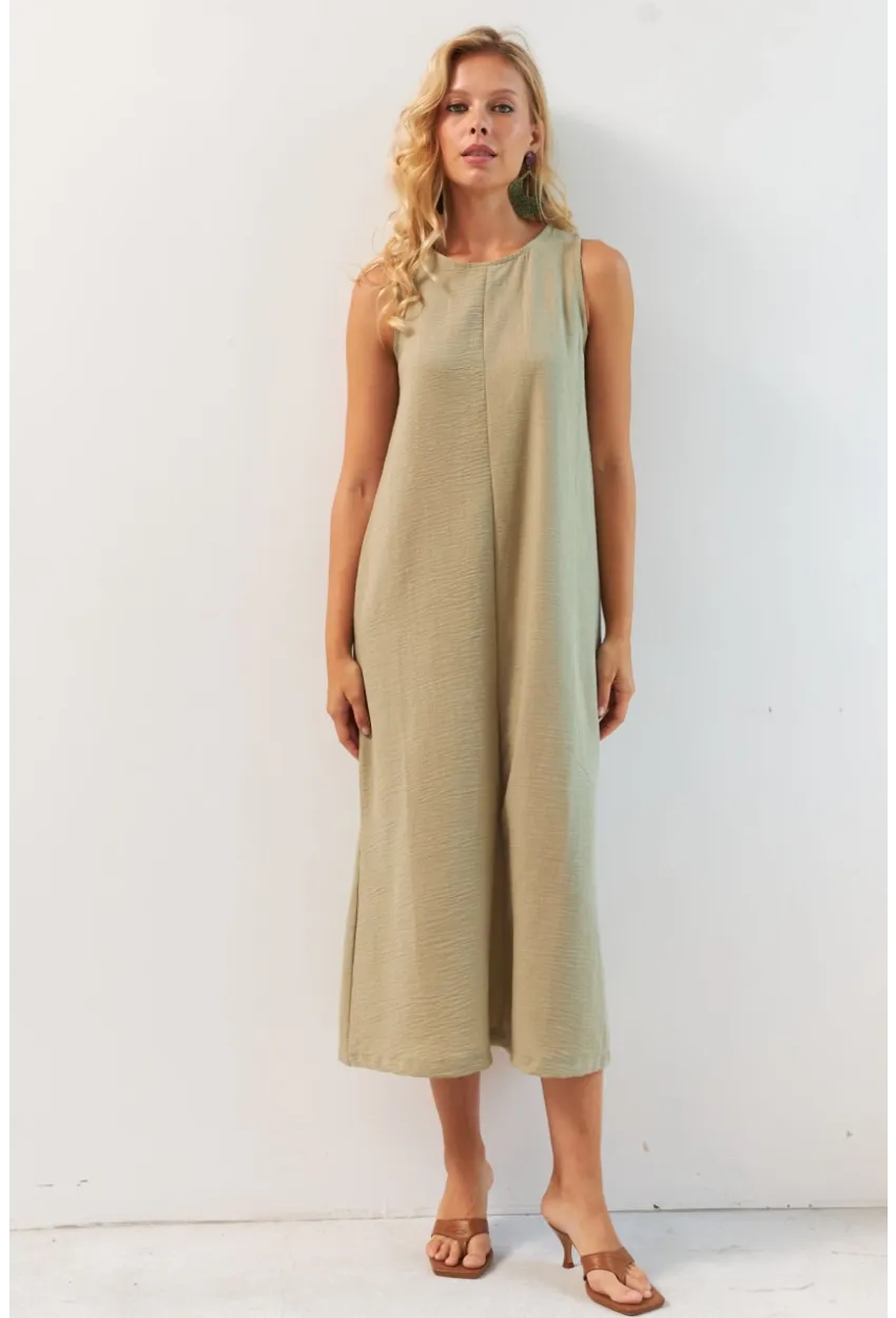 Kadın Haki Sırtı Düğmeli Midi Keten Elbise DMR353