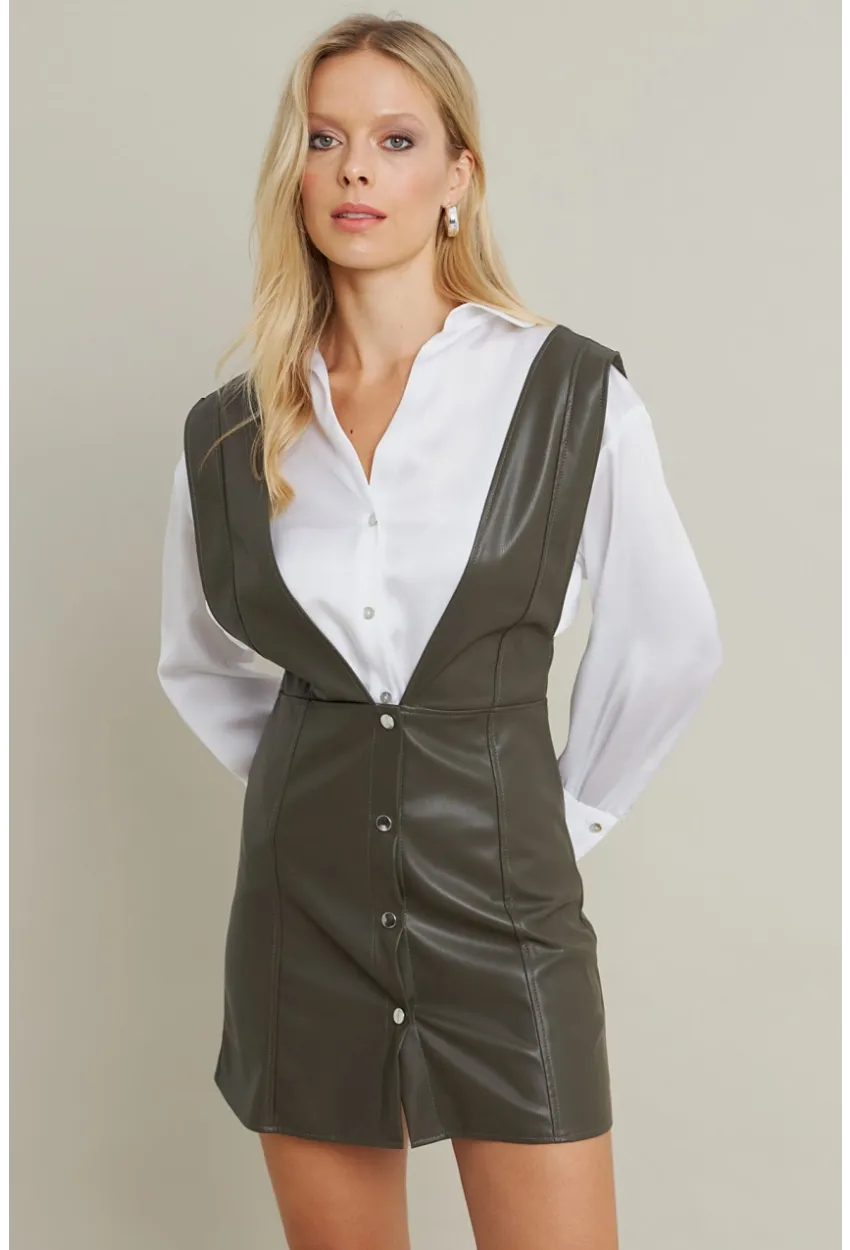 Kadın Haki Suni Deri Mini Elbise NH796