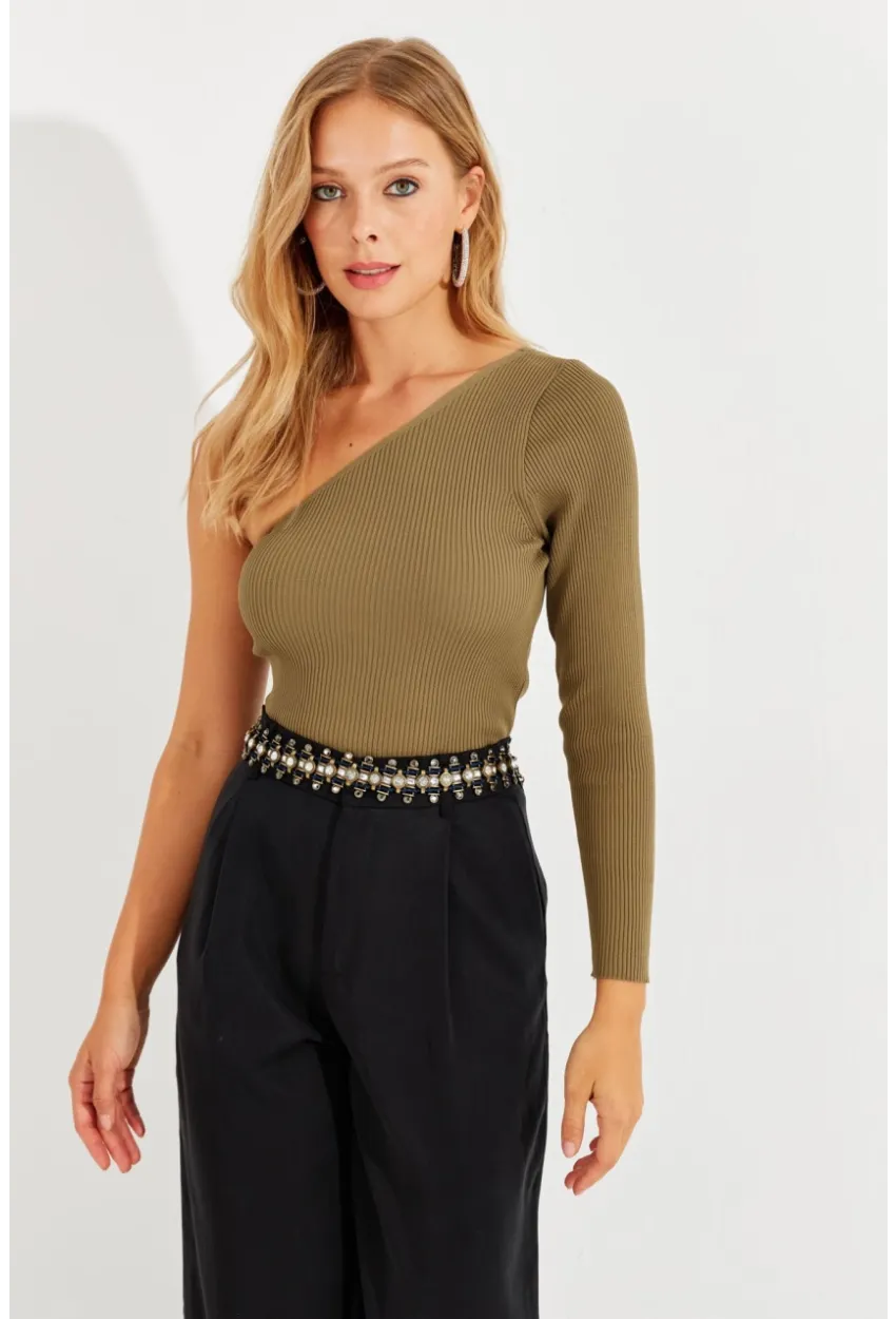Kadın Haki Tek Omuz Triko Bluz YV204