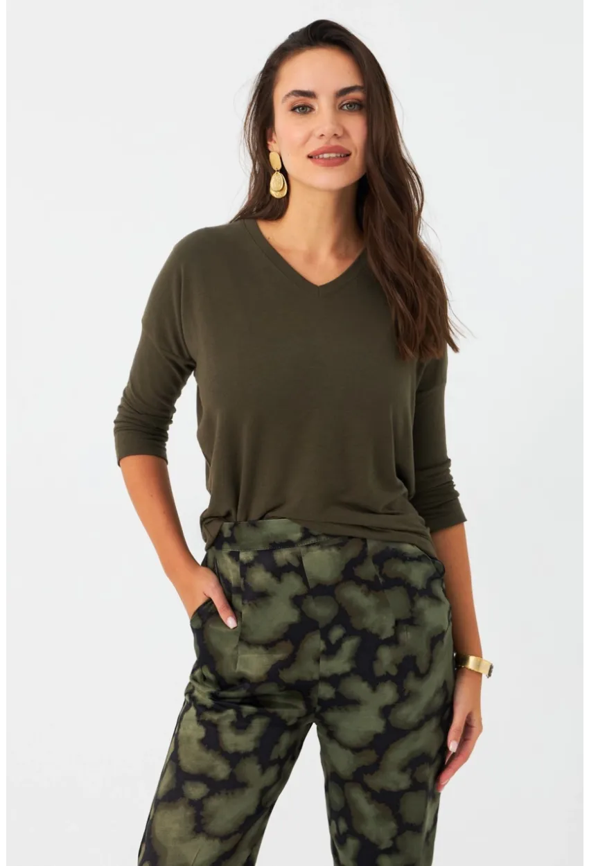 Kadın Haki V Yaka Bluz RX446