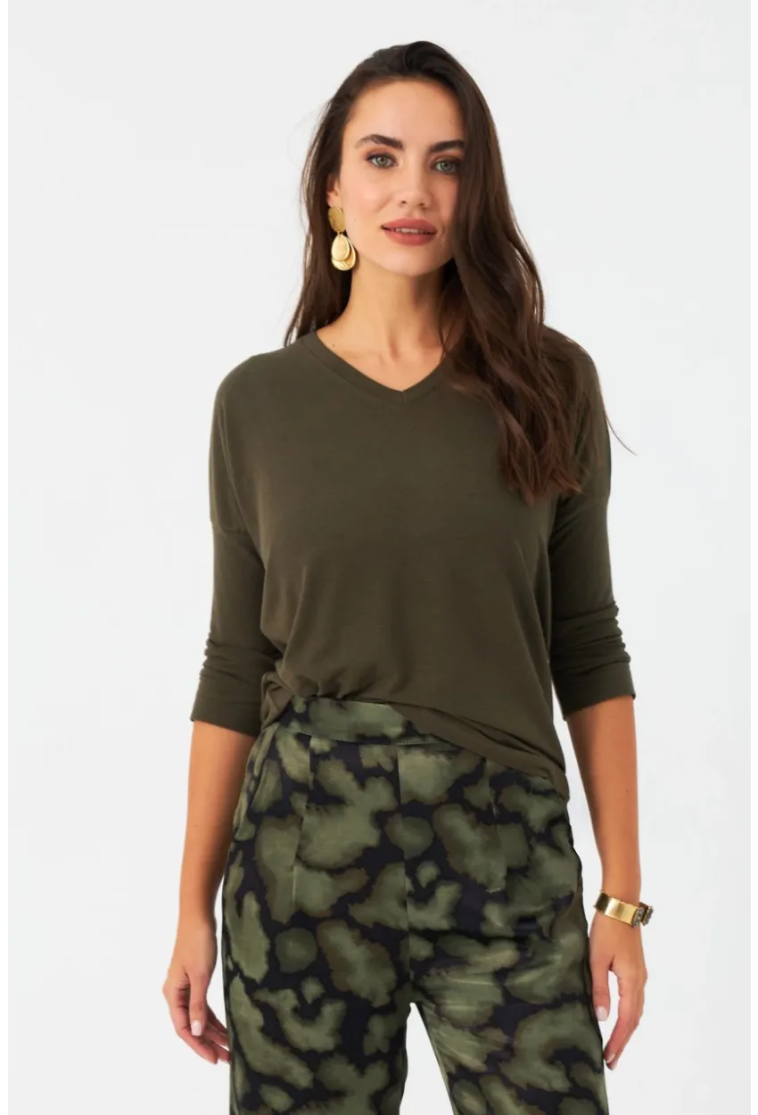 Kadın Haki V Yaka Bluz RX446