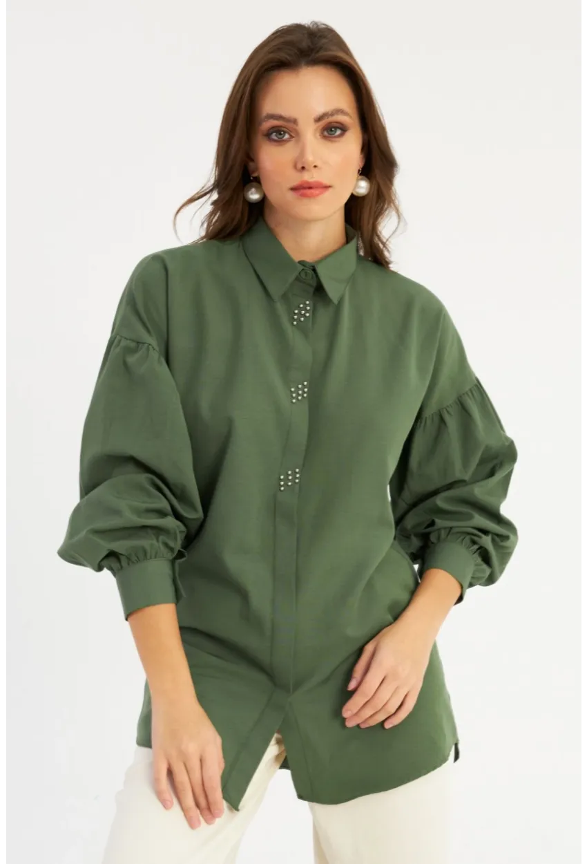 Kadın Haki Zımbalı Gömlek MASF08