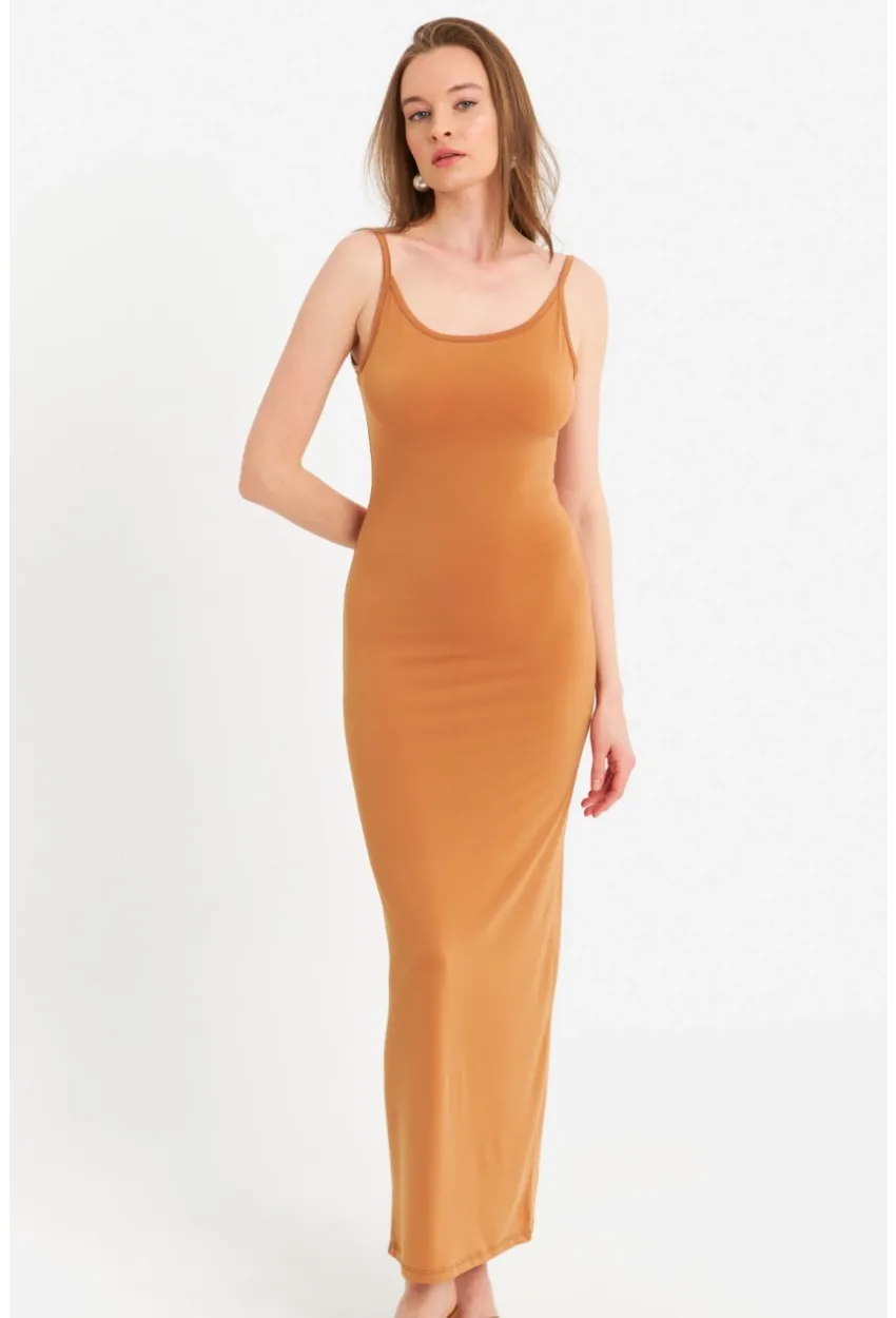 Kadın Hardal Ayarlanabilir Askılı Maxi Elbise MEN2004