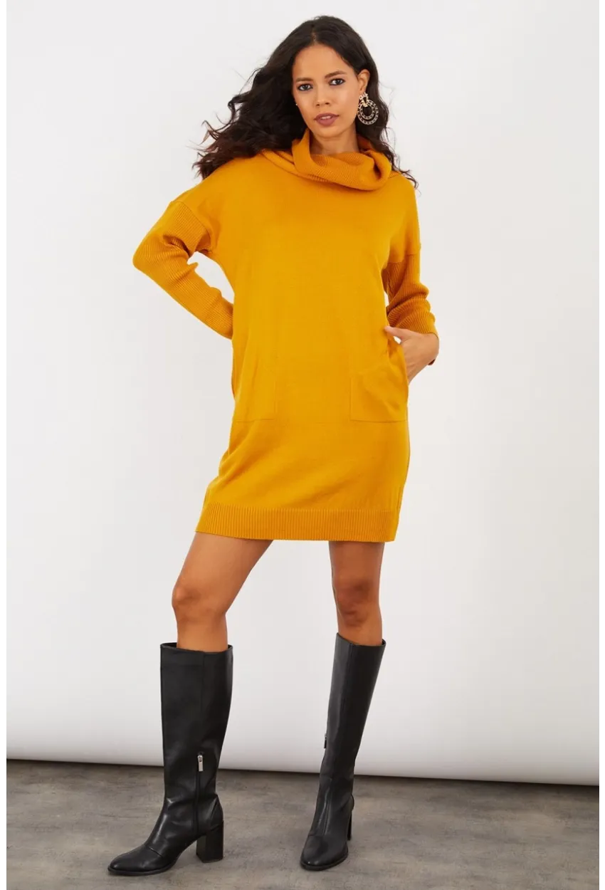 Kadın Hardal Degaje Yaka Triko Mini Elbise YV73