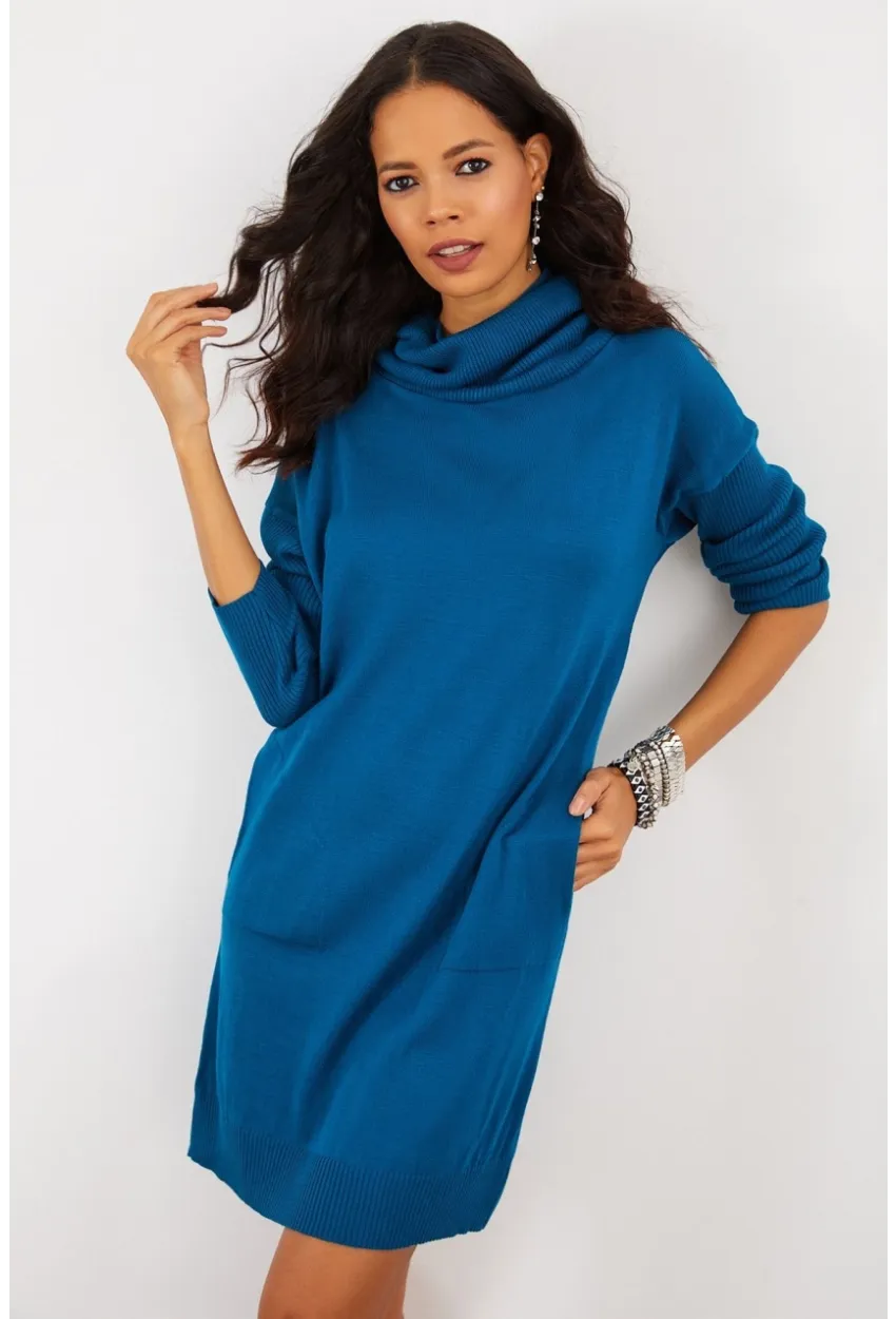 Kadın İndigo Degaje Yaka Triko Mini Elbise YV73