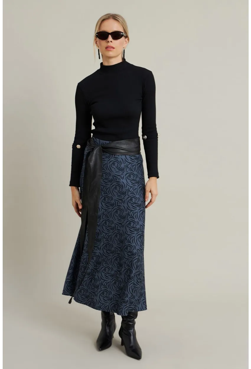 Kadın İndigo Desenli Çan Etek LON3007