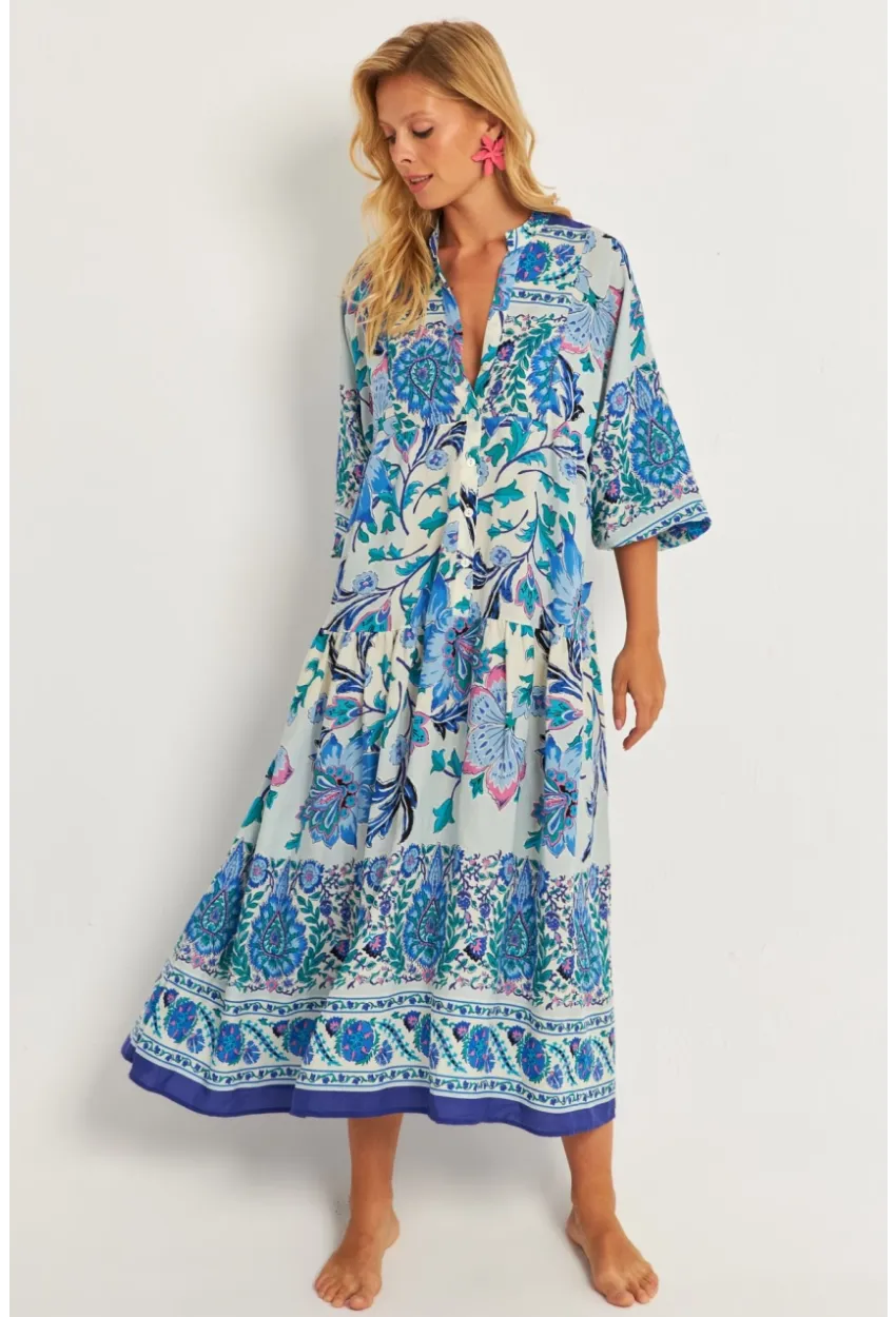 Kadın İndigo Desenli Midi Elbise GÇ169