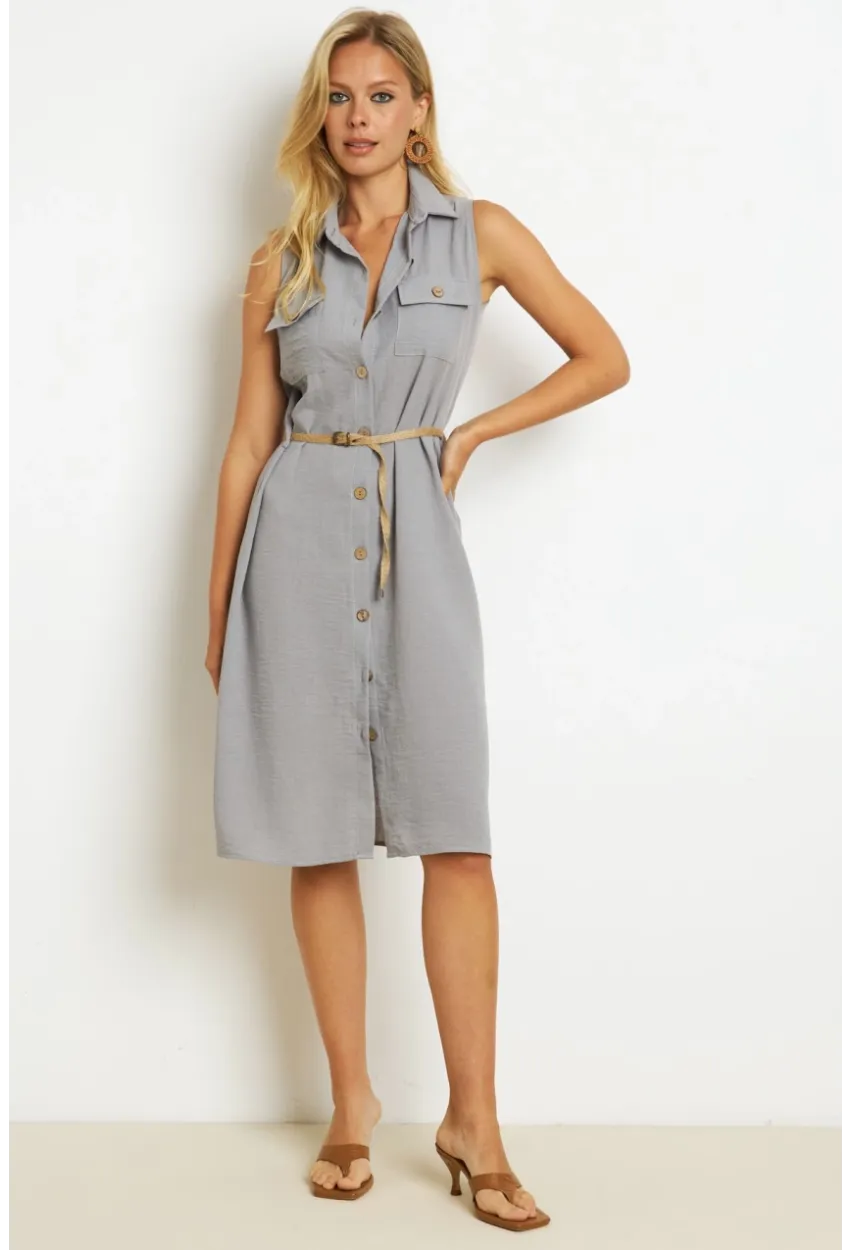 Kadın İndigo Kemerli Gömlek Midi Elbise SGT404