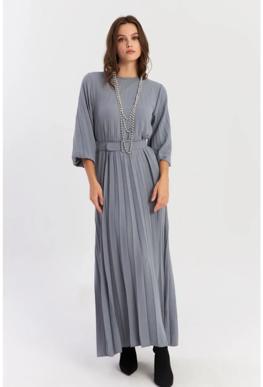 Kadın İndigo Kemerli Plili Maxi Elbise ALZ500