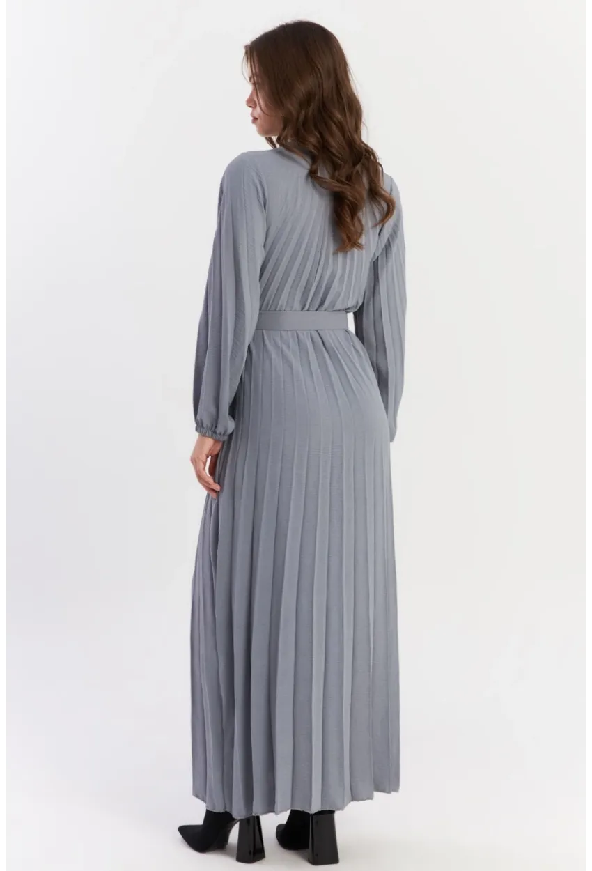 Kadın İndigo Kemerli Plili Maxi Elbise ALZ500