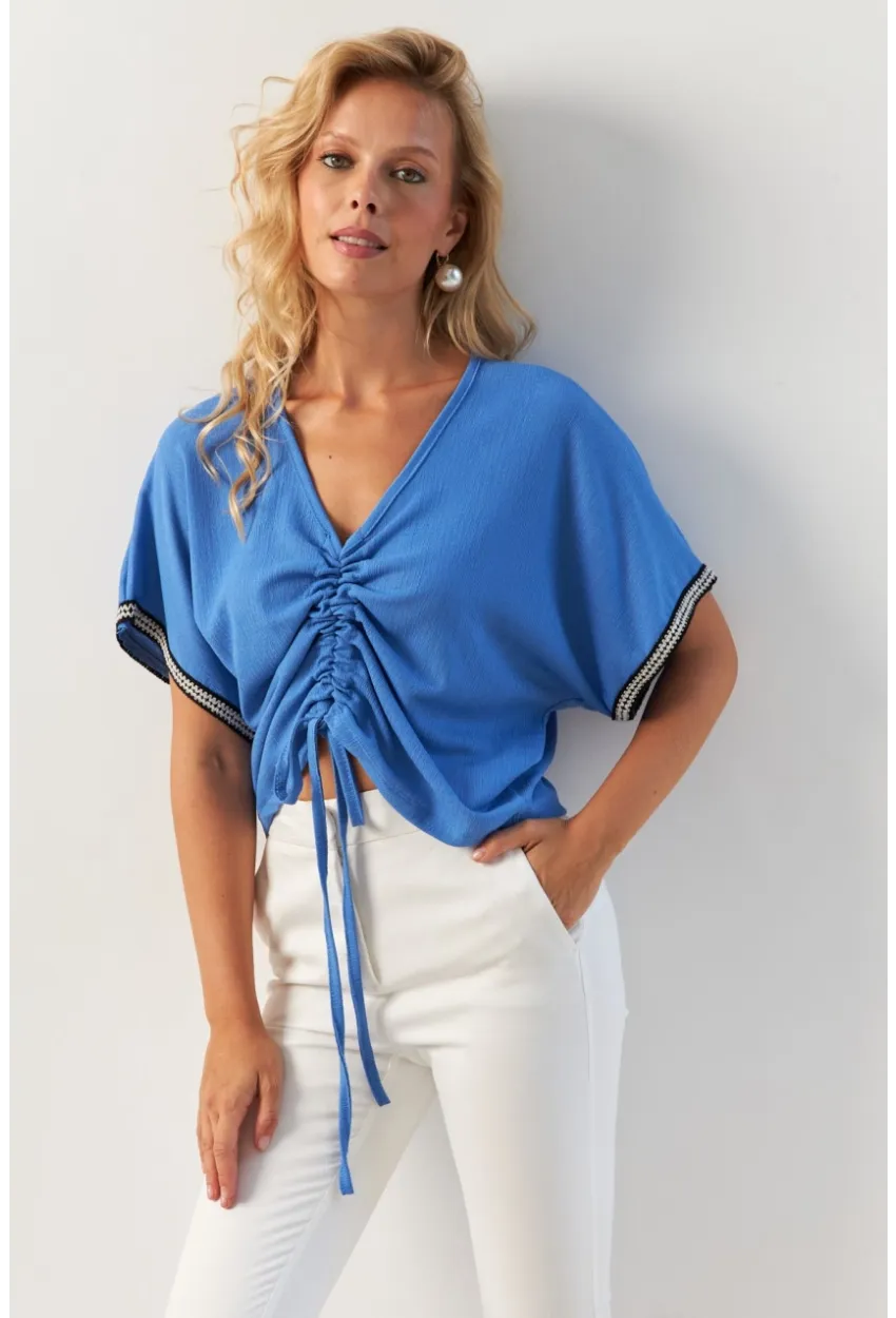 Kadın İndigo Önü Büzgülü Bluz XL2039
