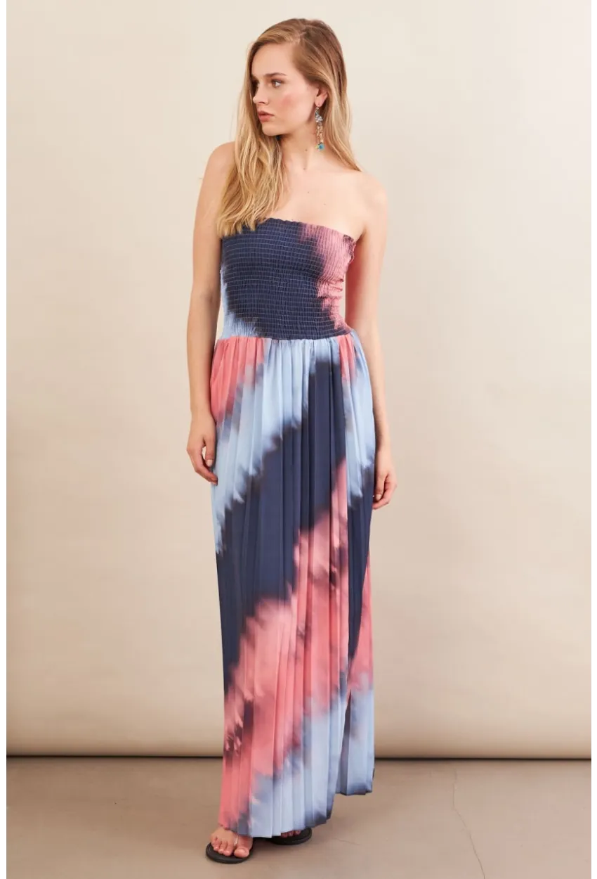 Kadın İndigo-Pudra Straplez Pilise Uzun Elbise MSİ100