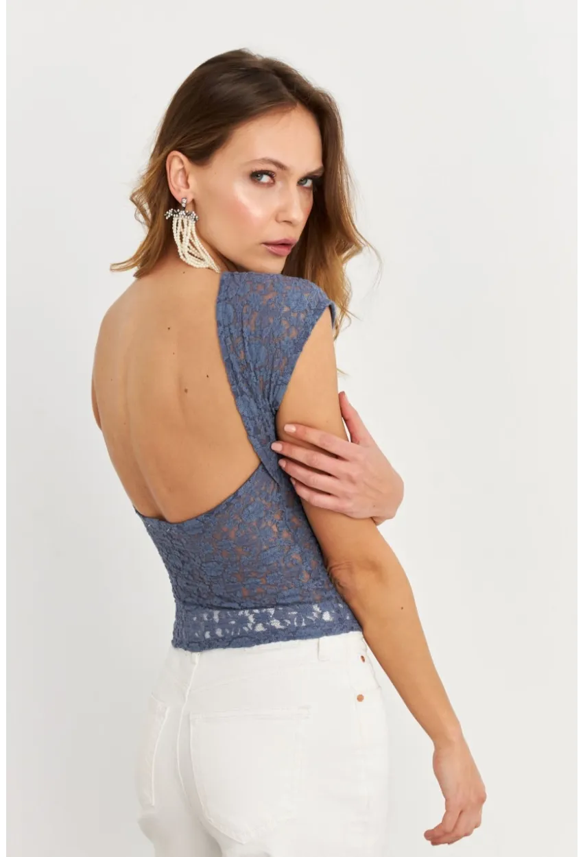 Kadın İndigo Sırtı Açık Dantel Bluz ZH04