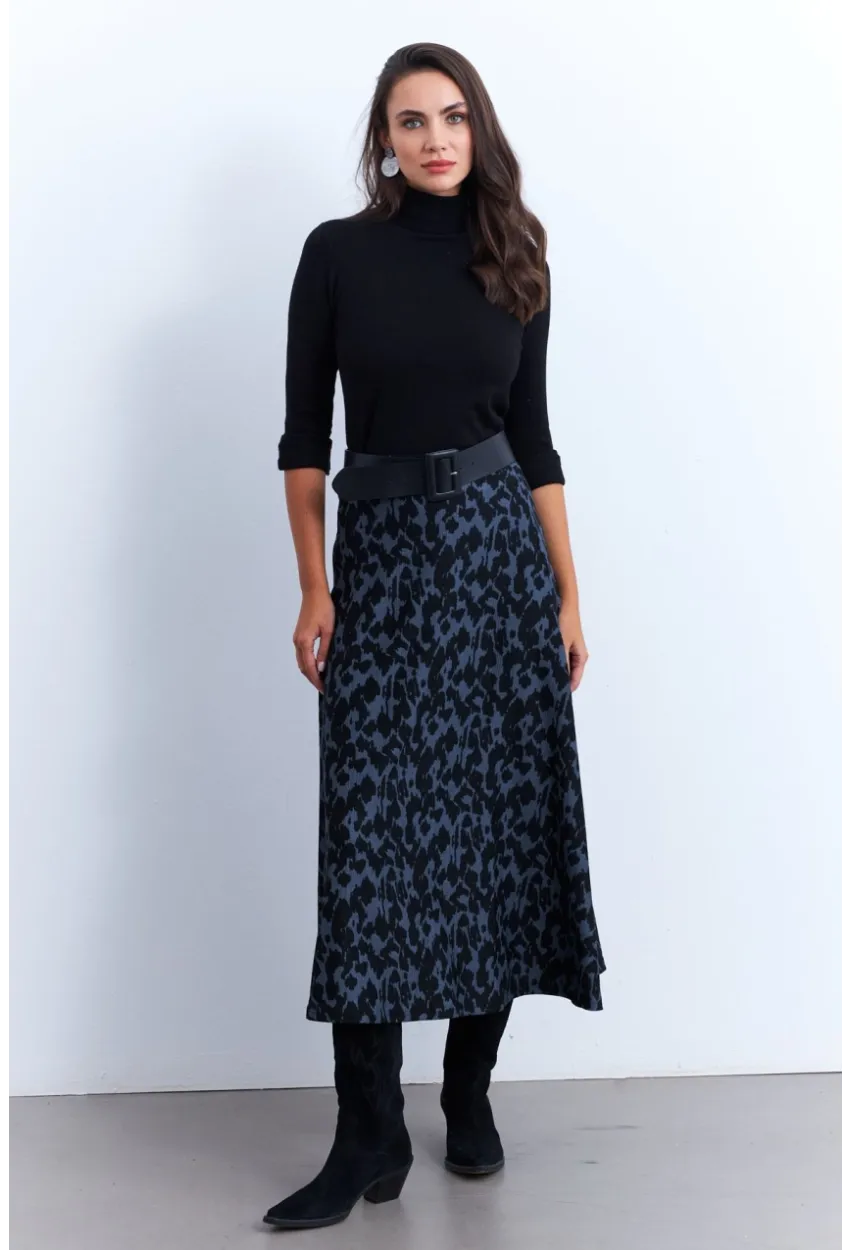 Kadın İndigo-Siyah Desenli Çan Etek MLON3007