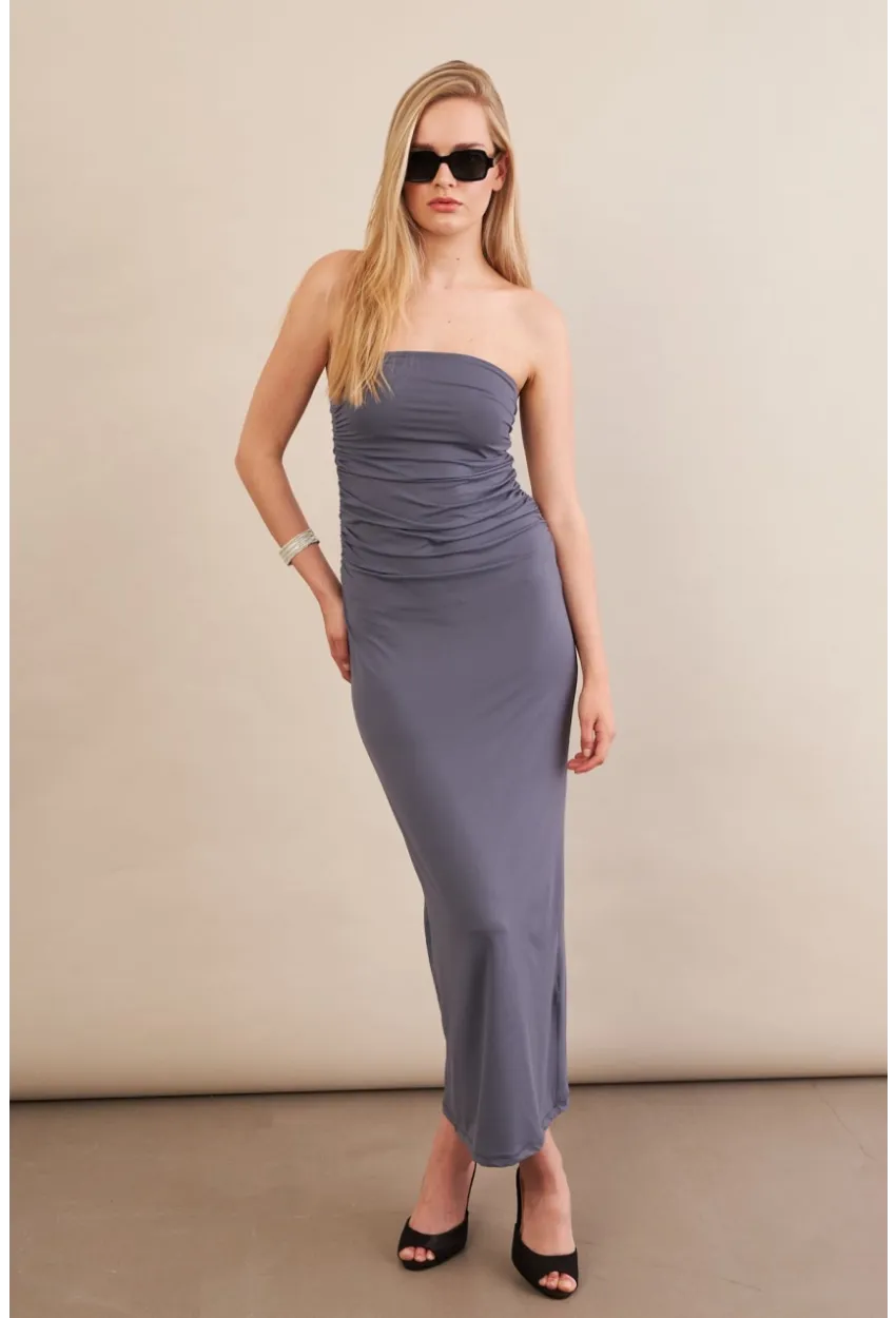 Kadın İndigo Straplez Büzgülü Midi Elbise MX2005
