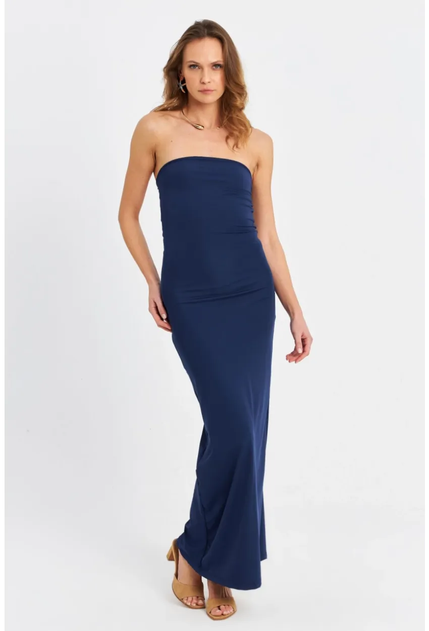 Kadın İndigo Straplez Yırtmaçlı Midi Elbise XC005