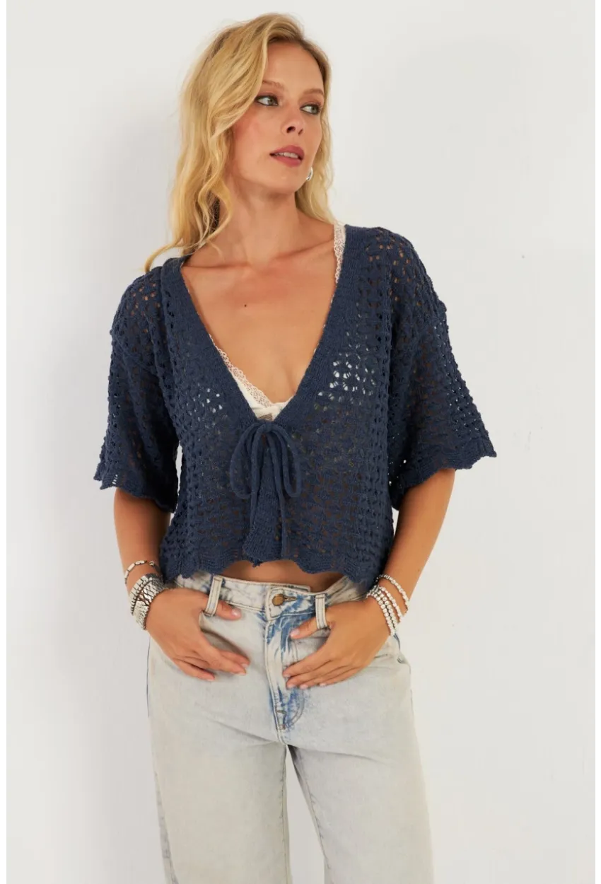 Kadın İndigo Triko Ajurlu Hırka YV255