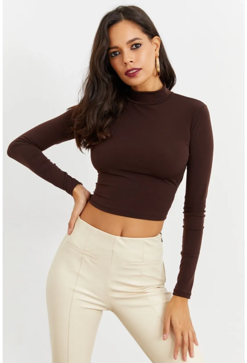 Kadın Kahve Beli Açık Crop Bluz GÇ115