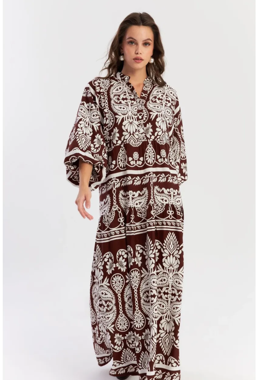 Kadın Kahve-Beyaz Etnik Desenli Maxi Dokuma Elbise ALO325