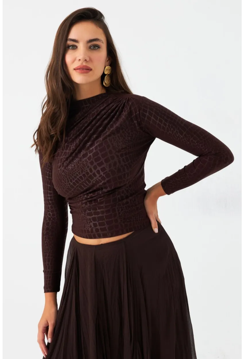 Kadın Kahve Desenli Büzgülü Bluz LPP1279