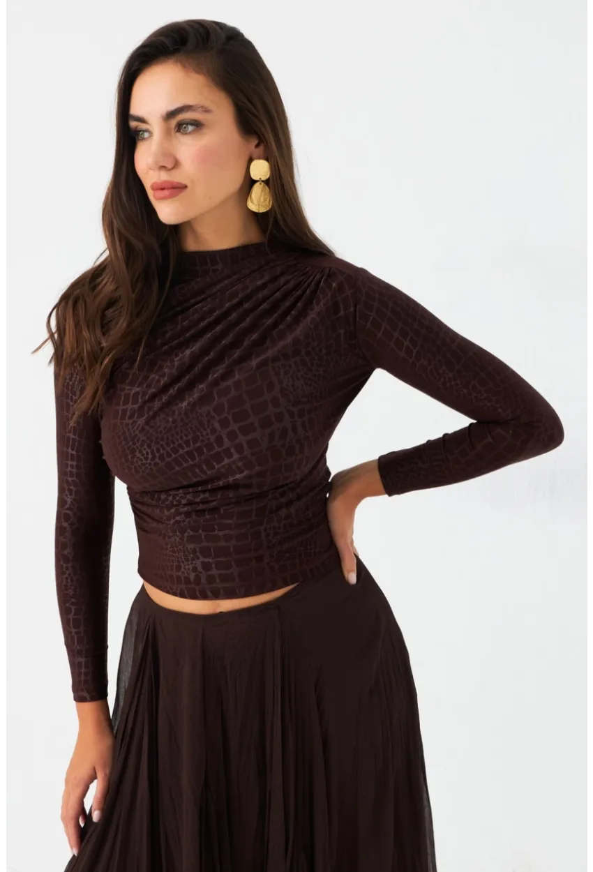 Kadın Kahve Desenli Büzgülü Bluz LPP1279