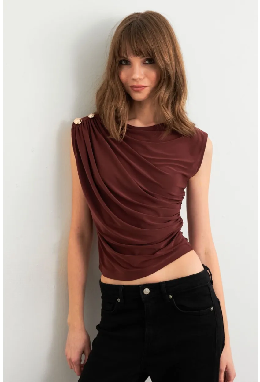 Kadın Kahve Düğme Detaylı Büzgülü Bluz LPP1205-1