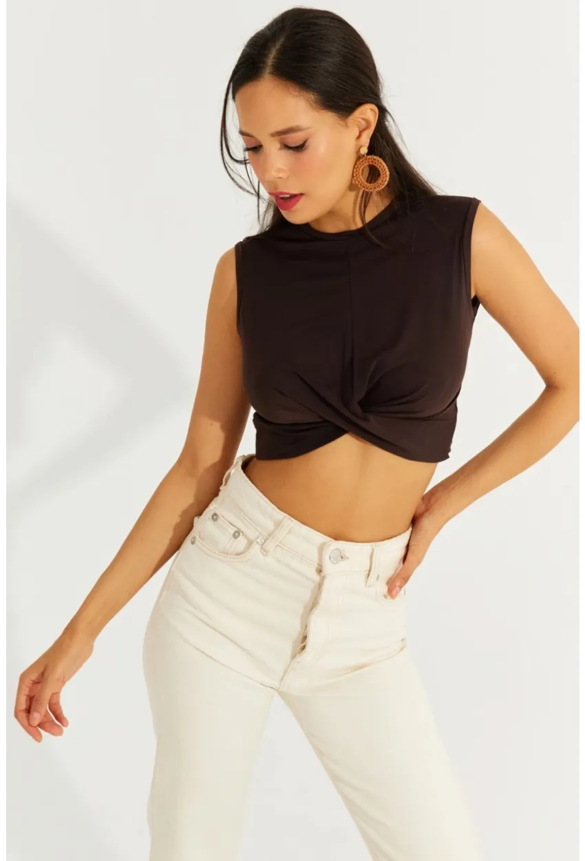 Kadın Kahve Önü Düğümlü Crop Bluz SDY2018