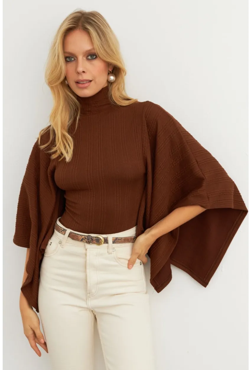 Kadın Kahve Yarasa Kol Balıkçı Bluz MTF32