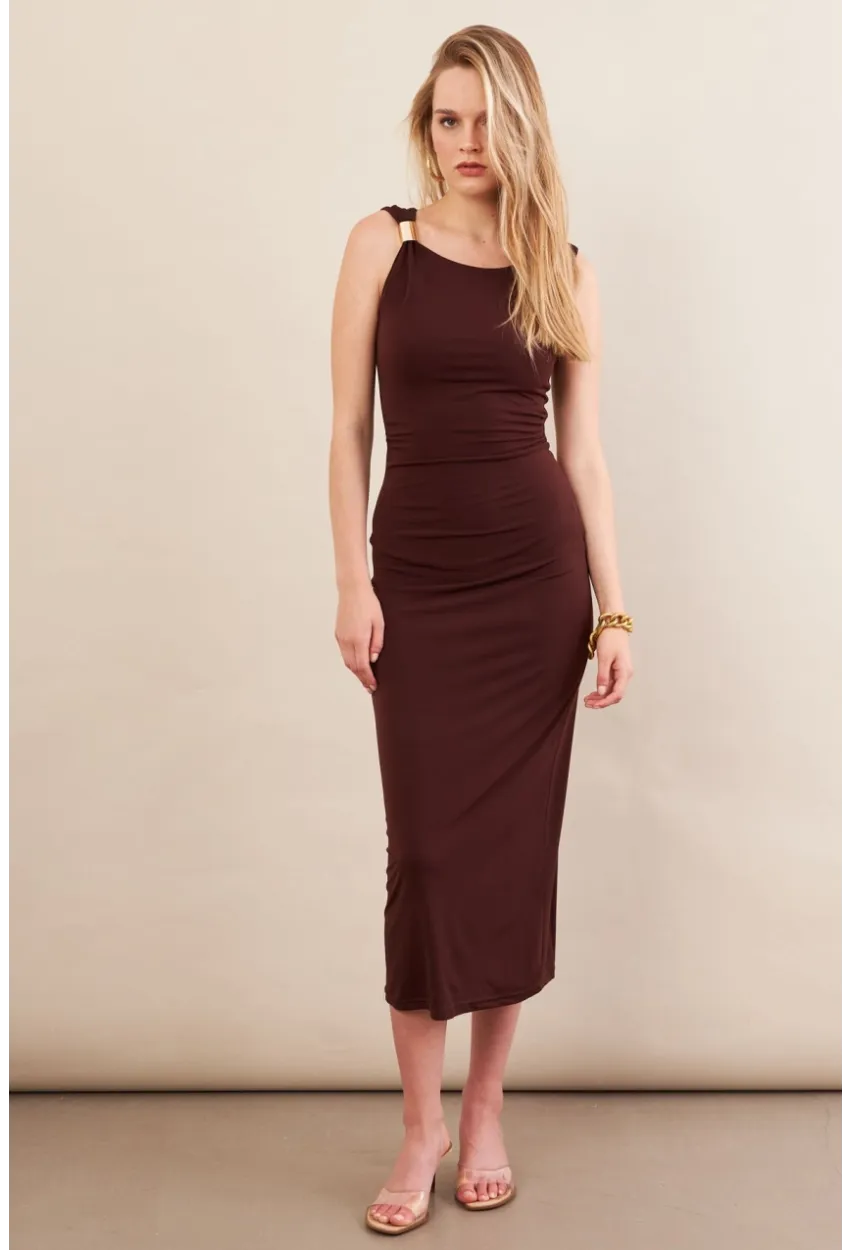 Kadın Kahverengi Aksesuarlı Büzgülü Midi Elbise İRE102