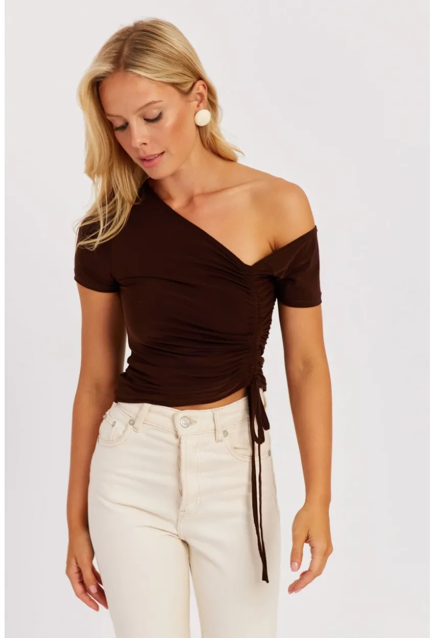 Kadın Kahverengi Asimetrik Yaka Asansörlü Bluz GÇ162