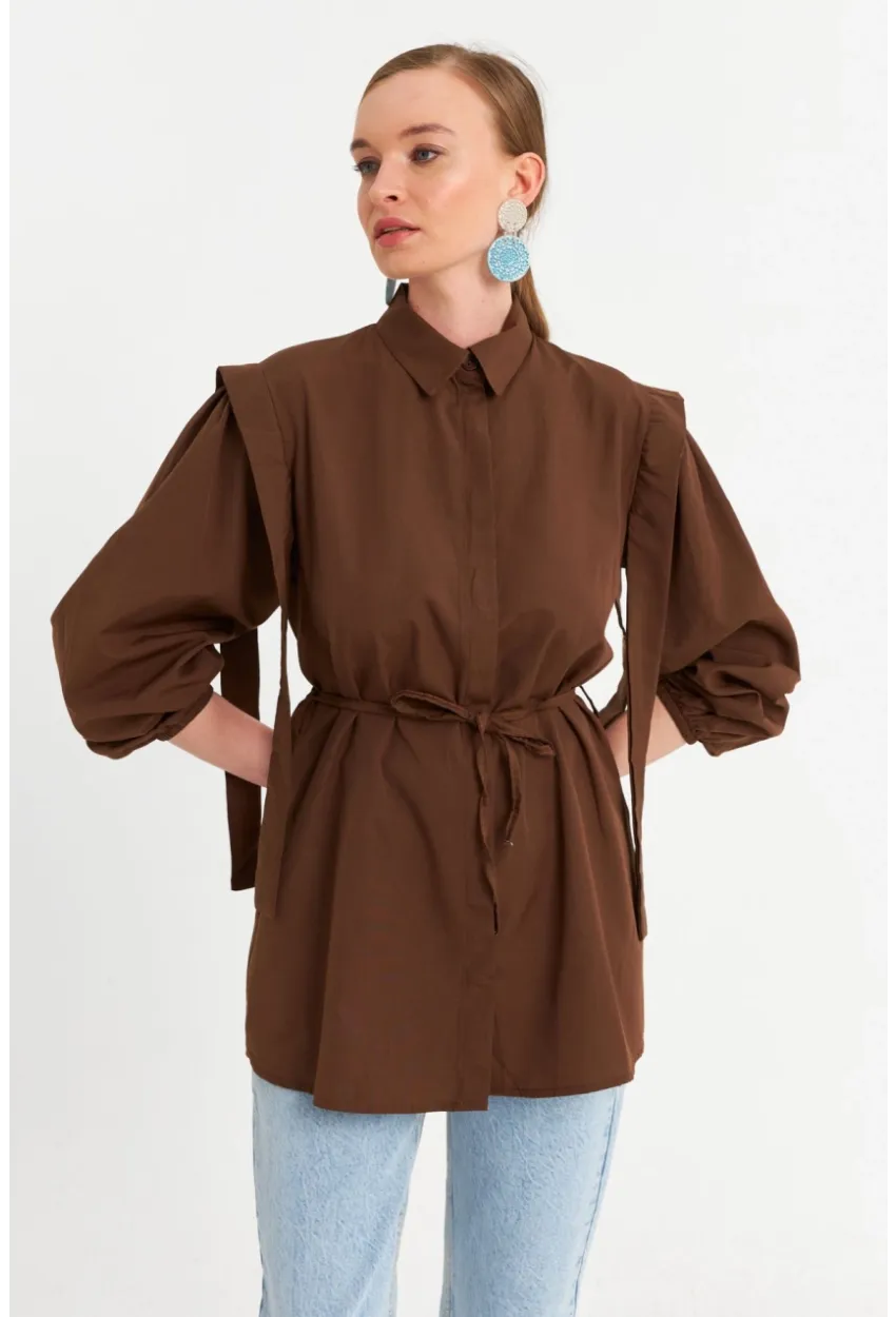 Kadın Kahverengi Bağlama Detaylı Basic Gömlek MASF185