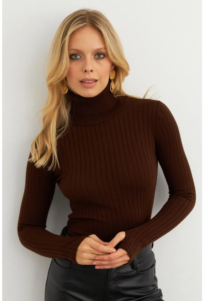 Kadın Kahverengi Balıkçı Yaka Triko Bluz MYV102-90
