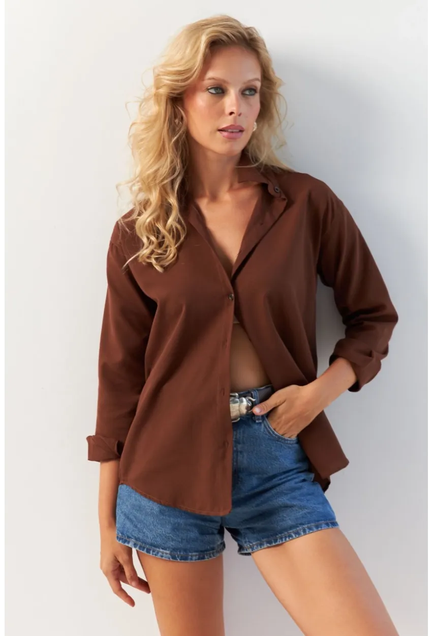 Kadın Kahverengi Basic Gömlek HNT02