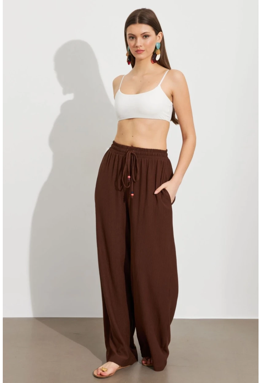 Kadın Kahverengi Beli Lastikli Bürümcük Pantolon ROP105