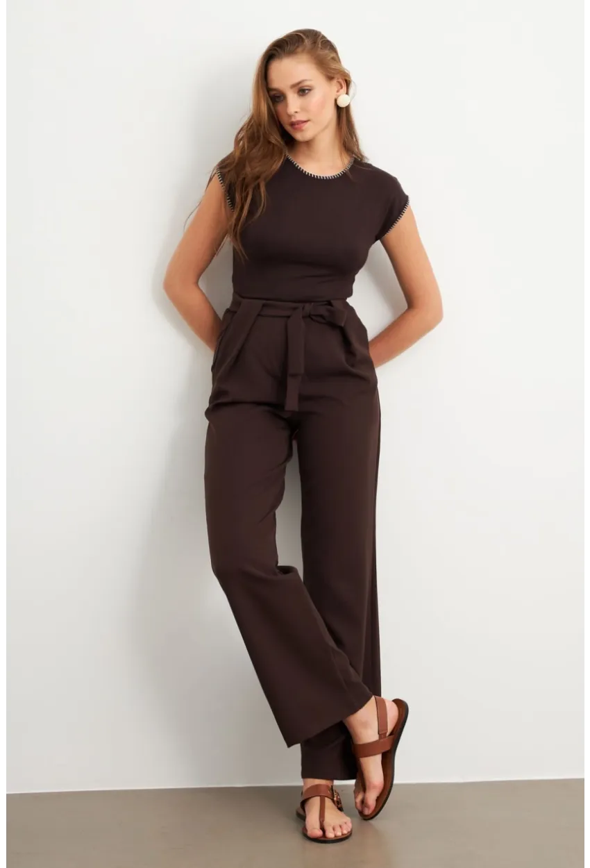 Kadın Kahverengi Beli Lastikli Kuşaklı Pantolon FLU7251