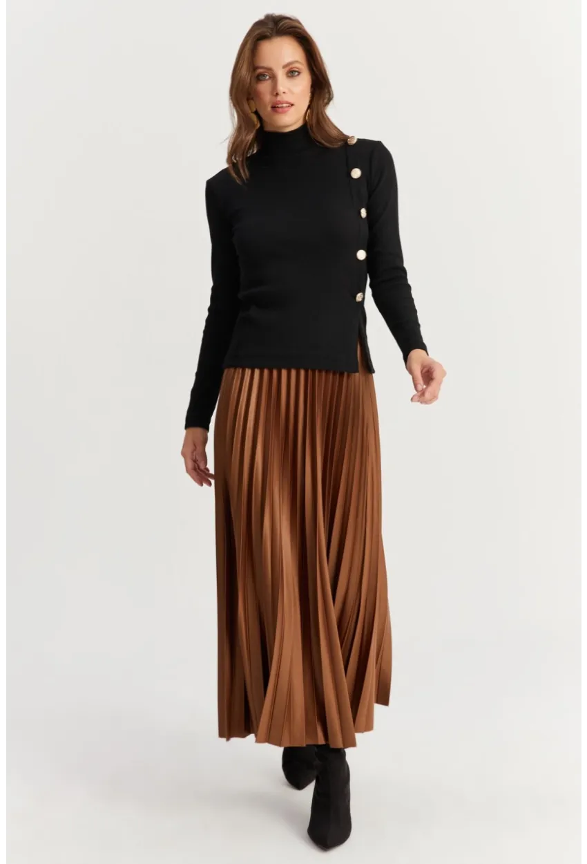 Kadın Kahverengi Beli Lastikli Pilise Etek GÇ190
