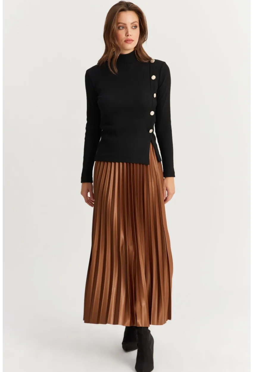 Kadın Kahverengi Beli Lastikli Pilise Etek MGÇ190