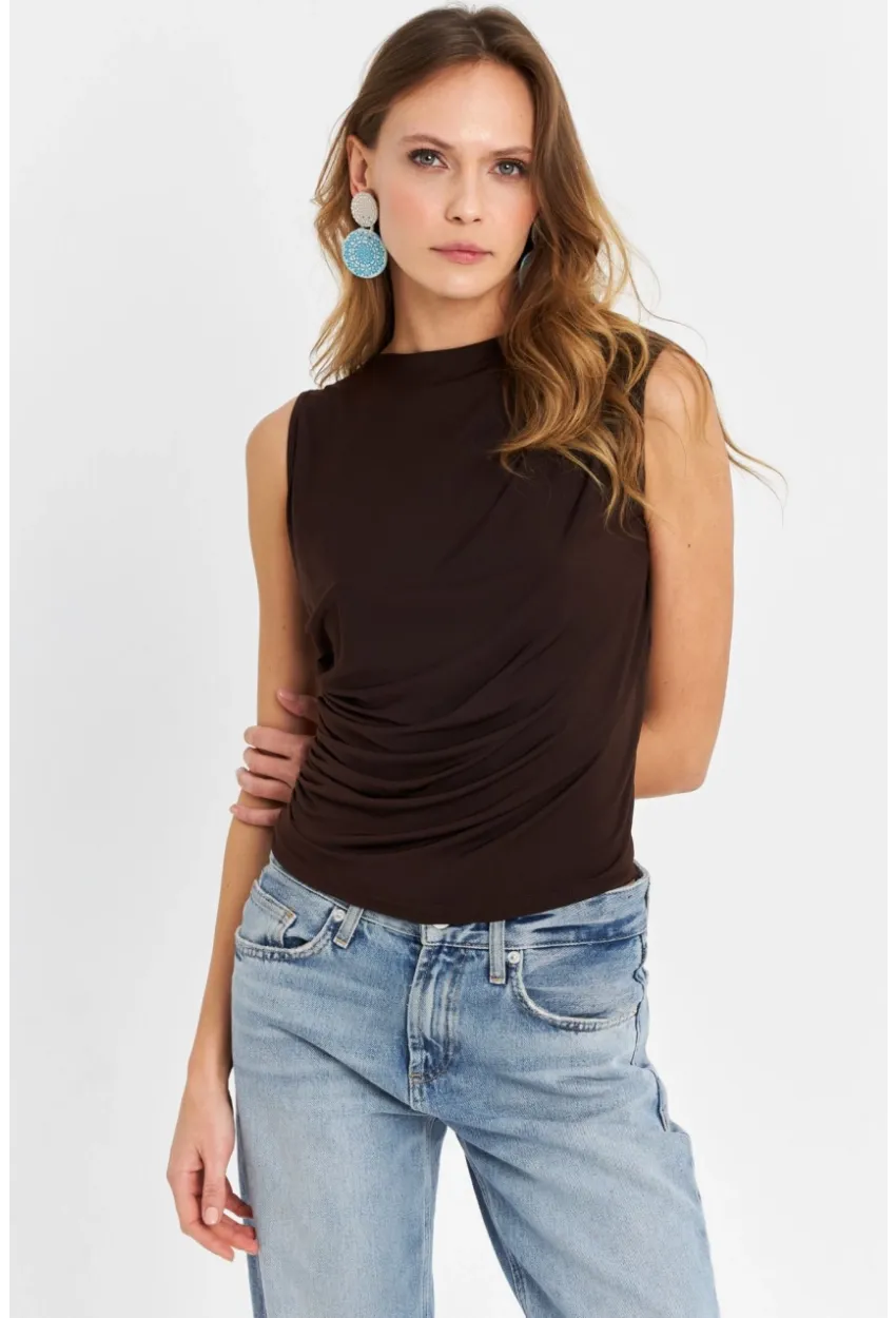 Kadın Kahverengi Büzgülü Bluz YZ625