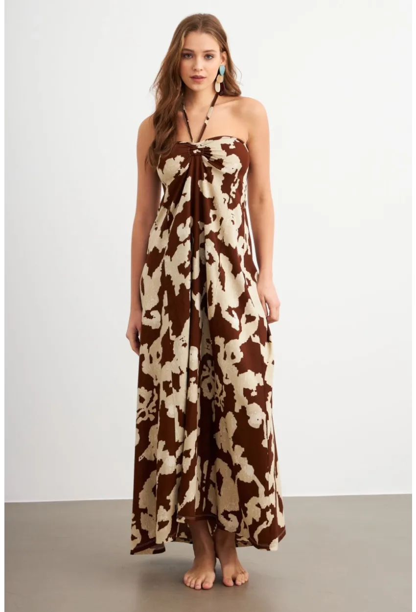 Kadın Kahverengi Büzgülü Desenli Midi Elbise KAB304