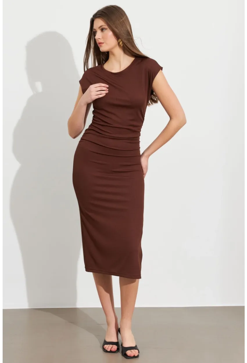 Kadın Kahverengi Büzgülü Midi Elbise MK38