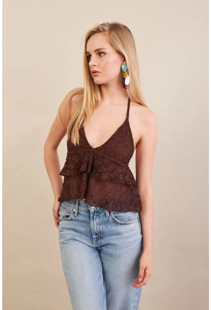 Kadın Kahverengi Dantel Bluz ZH324