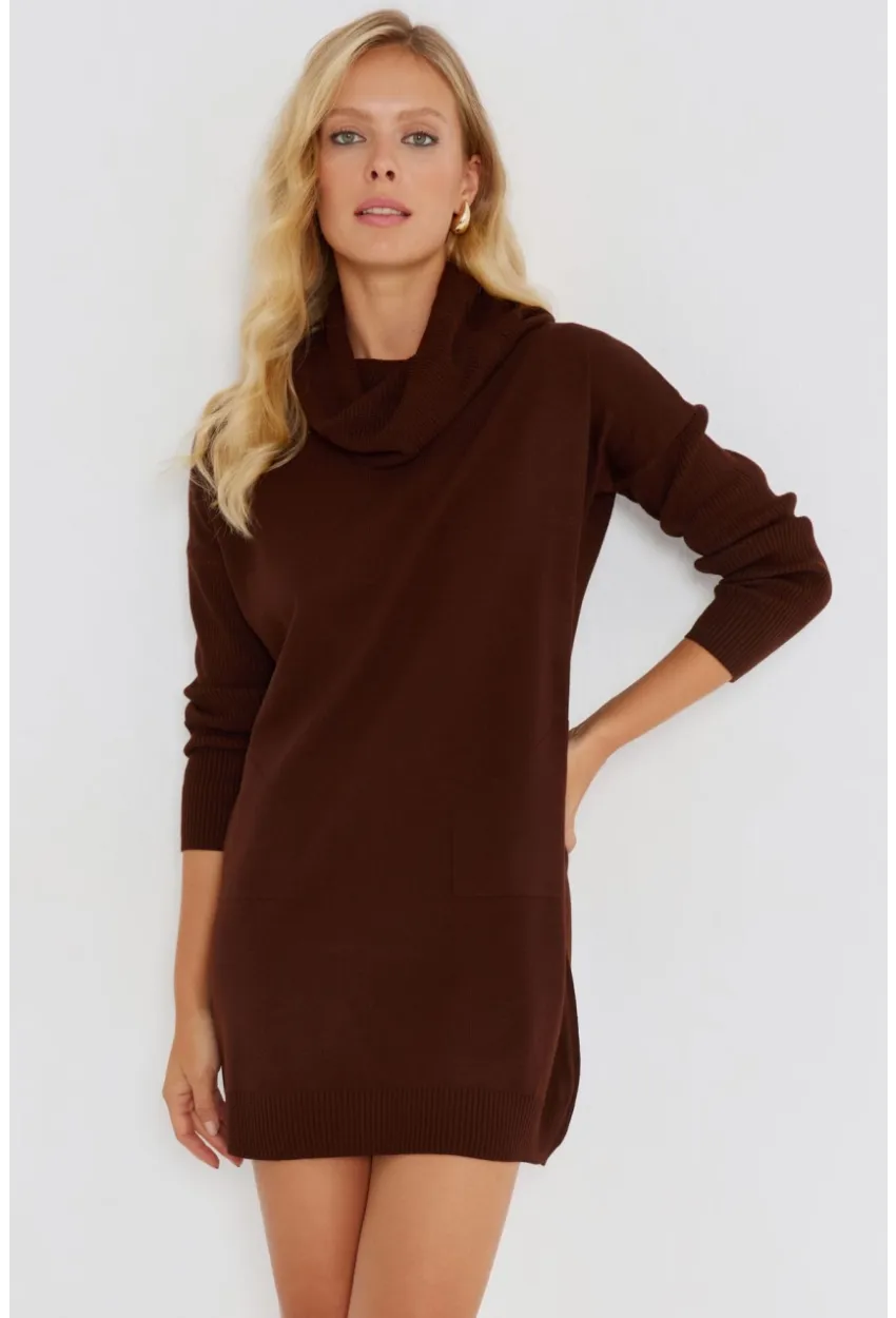 Kadın Kahverengi Degaje Yaka Triko Mini Elbise YV73