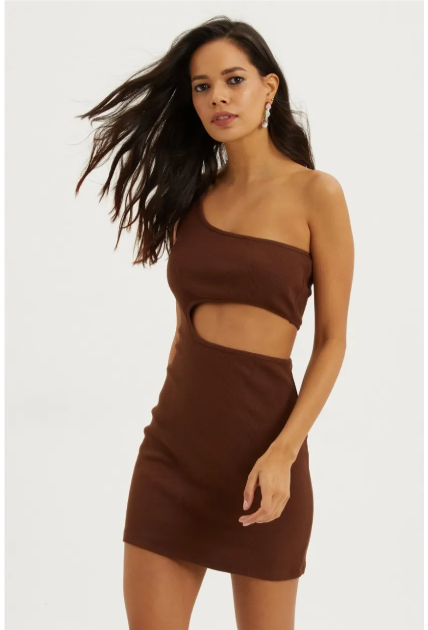 Kadın Kahverengi Dekolteli Mini Elbise B1817