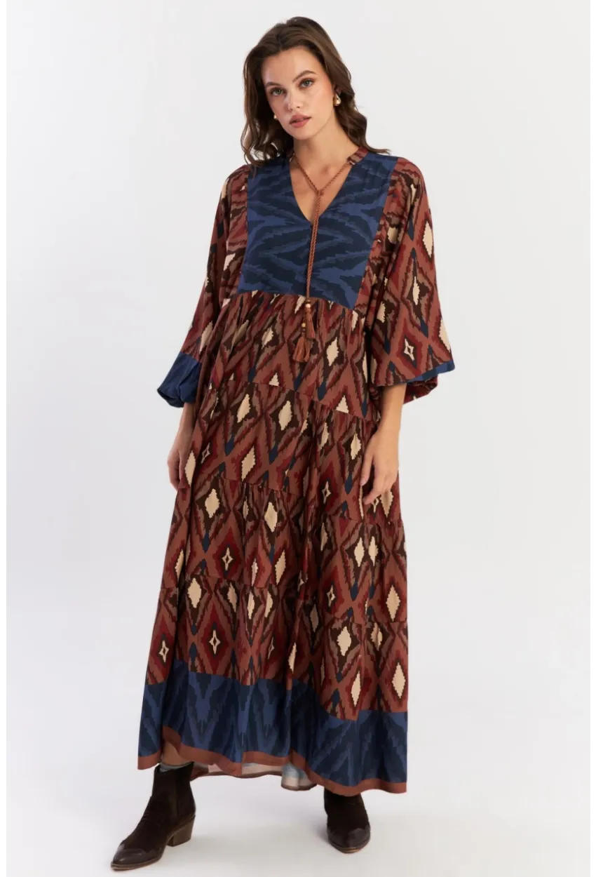 Kadın Kahverengi Desenli Dokuma Maxi Elbise ALO235