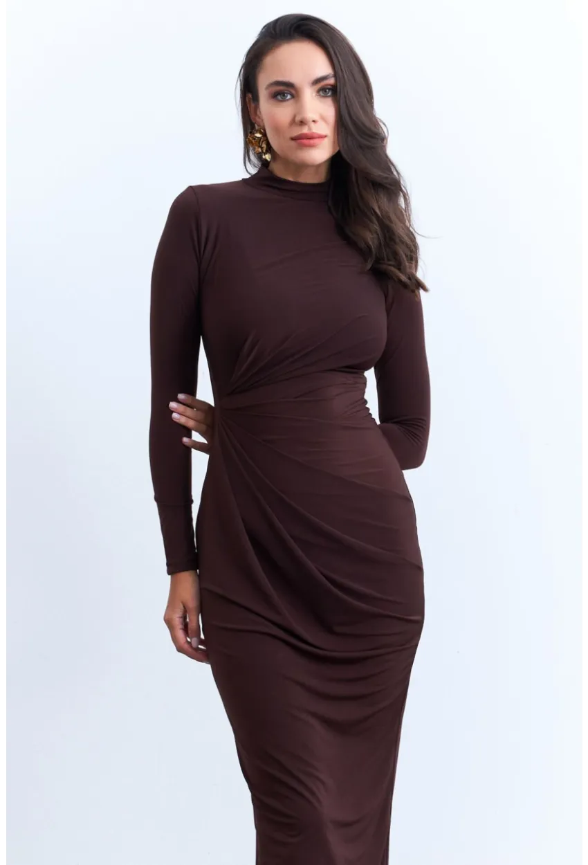 Kadın Kahverengi Drapeli Maxi Elbise LİK12