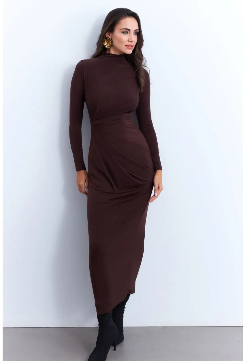 Kadın Kahverengi Drapeli Maxi Elbise LİK12